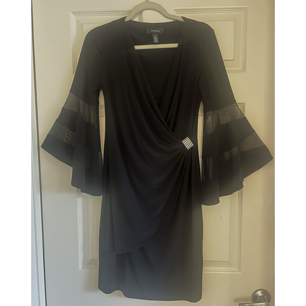 R&M Richards Black Faux Wrap Dress Size 6 Sheer Tiered Bell Sleeve Cocktail Goth